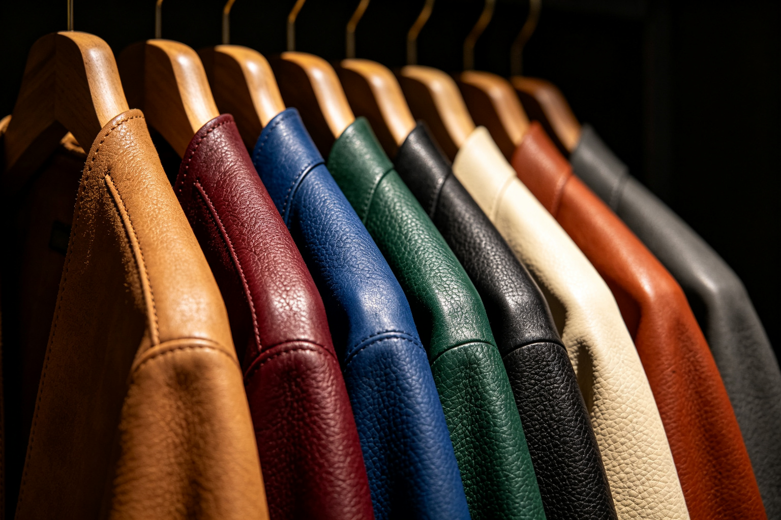 Close-up leather swatches on wooden hangers - rich colors and texture