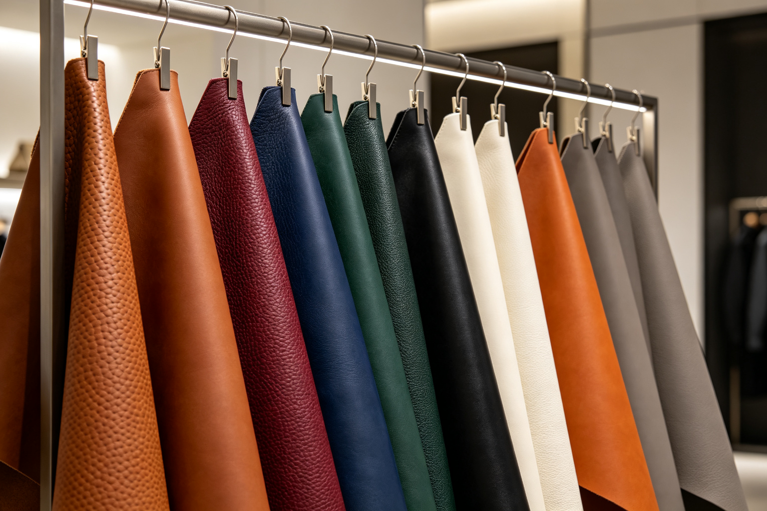 Premium leather material samples on metal rack - multiple colors